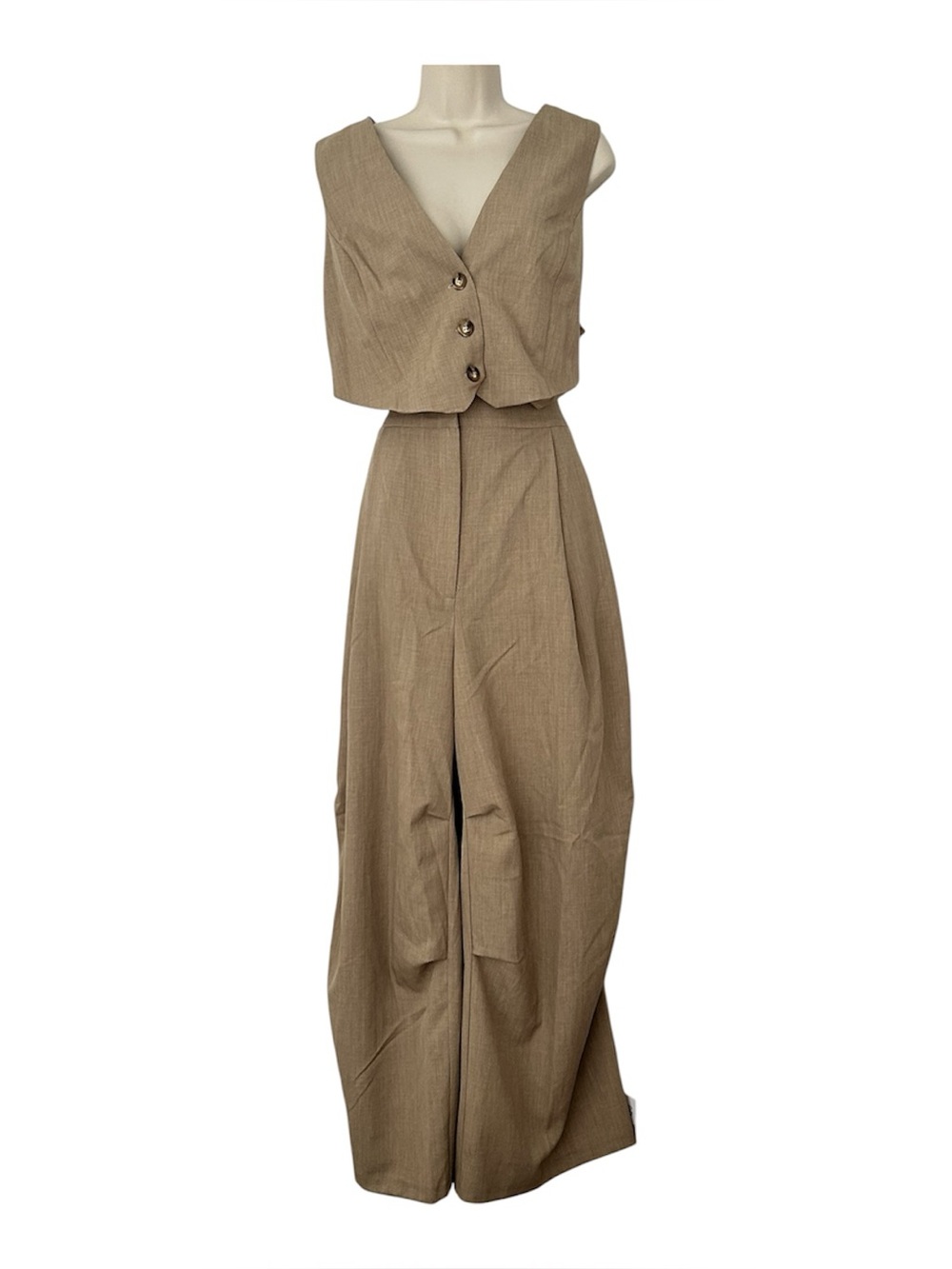 ASOS Wide-Leg Taupe Jumpsuit with attached Buttoned Vest US14